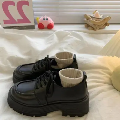 Black Leather Thick Platform Lace-Up Women Shoes
