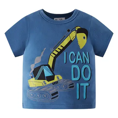 Blue Cotton T-Shirt for Boys with Excavator Graphic