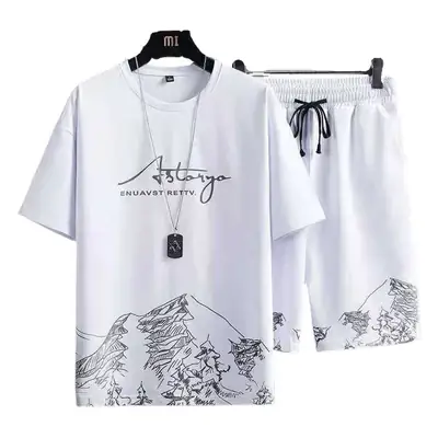 Men Summer Ice Silk T-Shirt Shorts Set White Mountain Print