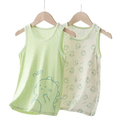 Girls Sleeveless T-Shirt Jacket Summer 2024 Green Cartoon Bottoming