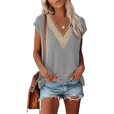 Golden V-Neck Lace T-Shirt for Women Summer Casual Wear