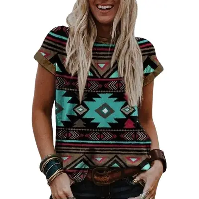 Cross-border 2024 European and American Women's Clothing Independent Station wish Retro Printing Western Ethnic Style Round Neck Short Sleeve T-shirt Top