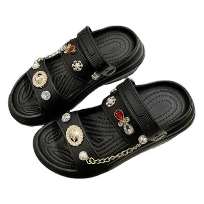 Women's Beige Rhinestone Butterfly Slides Platform Sandals