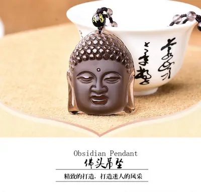 Obsidian Buddha Head Pendant Sakyamuni Carved Jewelry