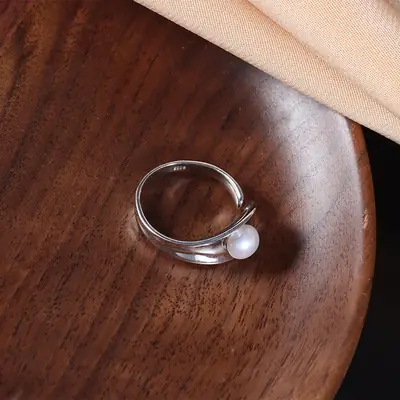 Vintage geometric shape opening adjustable natural pearl ring full body S925 sterling silver ring steamed bread round