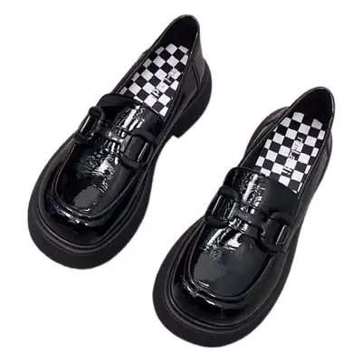 Women's Black Checkered Platform Loafers Slip-On