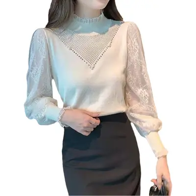 Women Lace Knit Top with Hollow Out Sleeve 2025 Spring