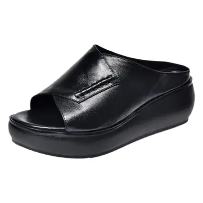 Women's Black Fish Mouth Sandals Thick Heel