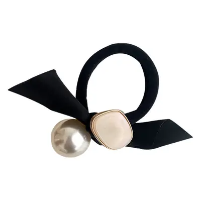 Pearl Bow Hair Tie with Silver Gemstone & Black Band