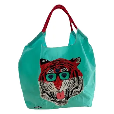 Tiger Head Embroidered Eco-Friendly Tote Bag Large Capacity Nylon Crossbody Foldable Handbag Shoulder Bag Trendy Tote