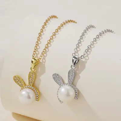 Pearl Rabbit Pendant with Gold Chain