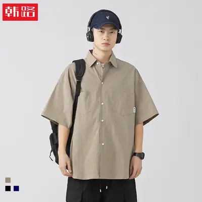 Men Black Flap Pocket Shirt Short Sleeve Spring Summer Loose