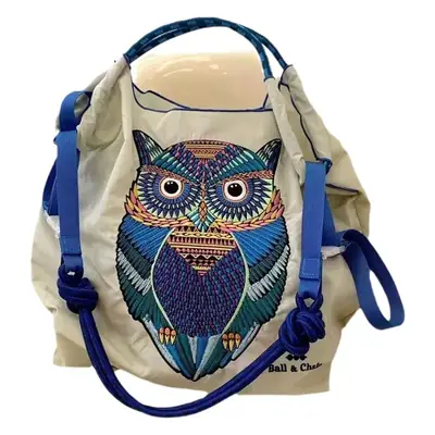 Owl Embroidered Canvas Tote Bag with Blue Handles