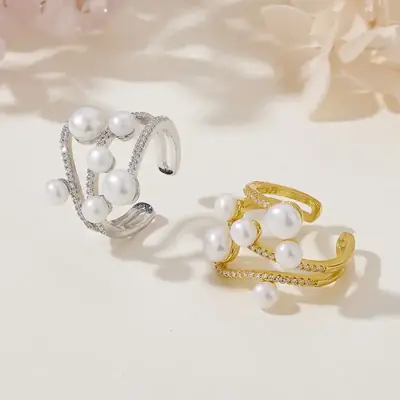 Silver Cross-Carved Pearl Ring with Crystal Accents