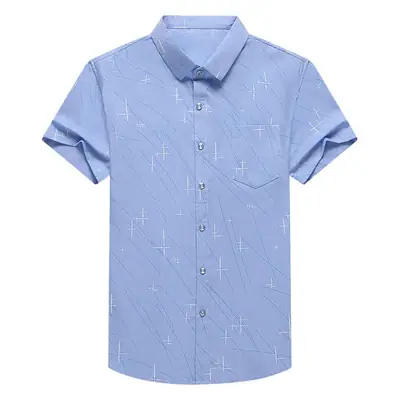 Men's Blue Cross Print Lapel Shirt Short Sleeve Casual