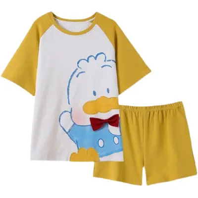 Women Cartoon Pajamas Set Pink White Loose Short Sleeve