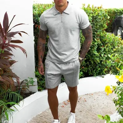 New Men's Grey Short Sleeve Polo Shorts Suit 2023