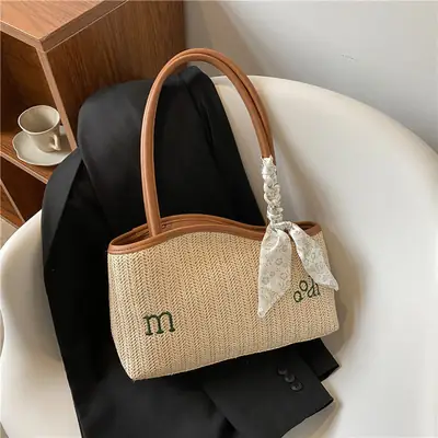 Women's Straw Tote Bag with Bow Decor