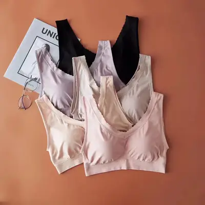 Women's Pink Seamless Wire-Free Sports Bra with Deep V-Neck