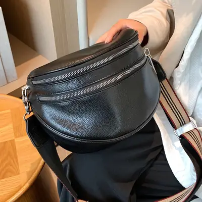 Black Crossbody Shoulder Bag with Striped Strap