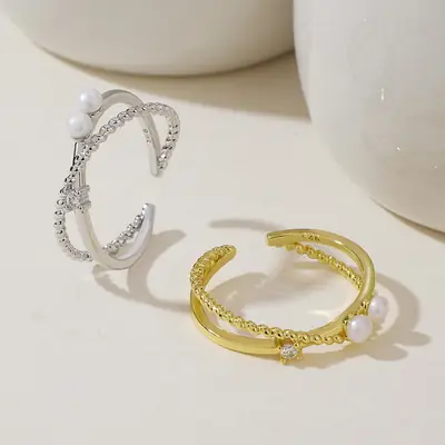 Japanese & Korean Double Layer Cross Freshwater Pearl Zircon Ring