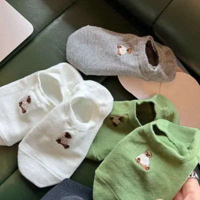 Embroidered Bear Socks Women's Korean-style Boat Socks Summer Non-slip-on-heel Set ins Cute Solid Color Cartoon Socks