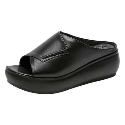 Black Leather Wedge Sandals for Women Summer 2023
