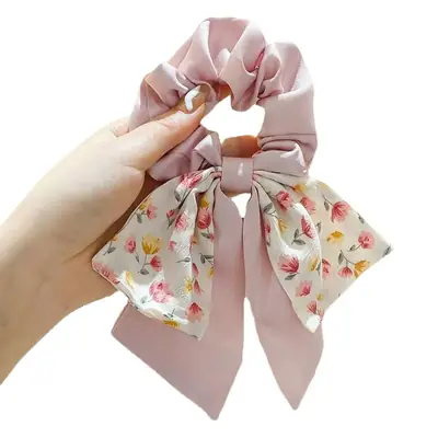 Spring Hair Bow with Floral Ribbon for Women