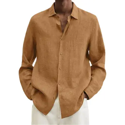 Men Long Sleeve Button Shirt Grey Cotton Loose Fit