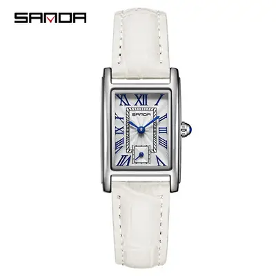 Sanda Classic Square Watch for Women White Leather Band