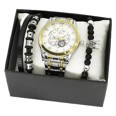 Men's Quartz Watch with Gold Steel Strap Bracelet Set