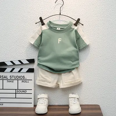 Children Cotton T-Shirt Shorts Set Green White Summer