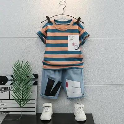Children Cotton Shorts Set Blue White Summer