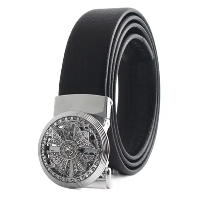 Men's Black Leather Belt with Mechanical Buckle