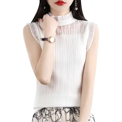 Women's White Sleeveless Fungus Lace Turtleneck Vest