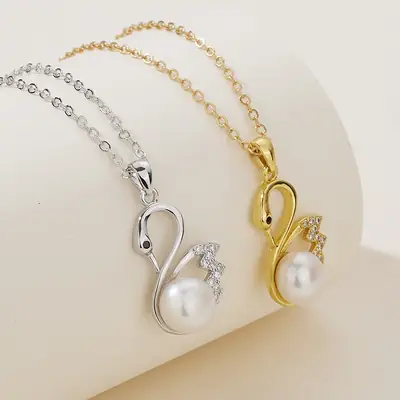 18K Gold Plated Pearl Swan Pendant with Zircon Accents