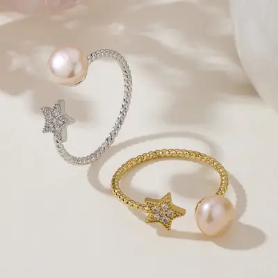 Women's Adjustable Pearl Star Ring with Diamond Accent