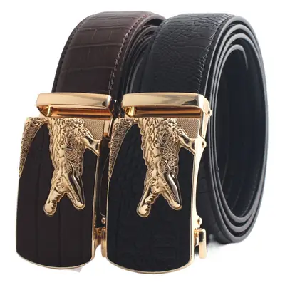 Hongsheng Croc Leather Belt for Men Brown Gold Buckle