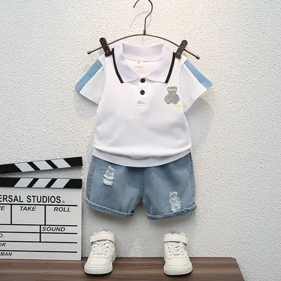 Children Cotton Polo Short Sleeve Suit White Blue Shorts