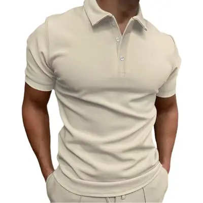 Men's Light Grey Button-Up Polo Shirt Short Sleeve