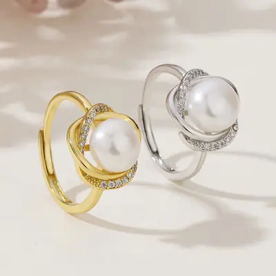 Gold Pearl Ring with Zircon Set for Women