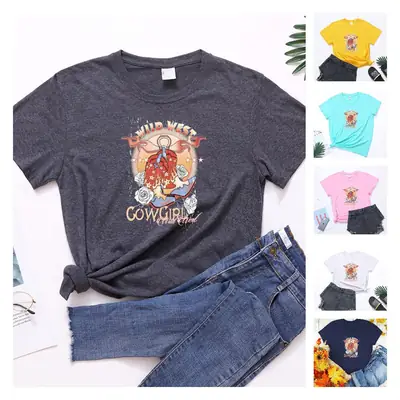 wild west cowgirl European and American wild west Style Women's Casual Large Size T-shirt Women's Short Sleeve Round Neck Top