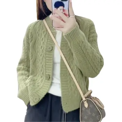 2025 Green Twist Knitted Cardigan Women