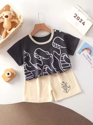 Baby T-Shirt Shorts Set Blue Orange Pure Cotton Boys Summer