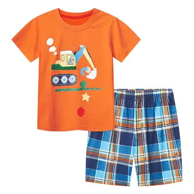 Kids T-Shirt Shorts Set Orange Plaid Cartoon Print