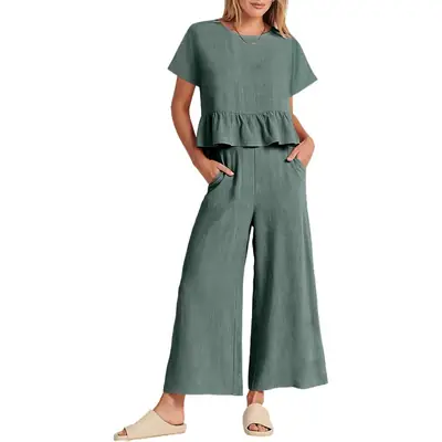 Women's 2023 Summer Brown Pleated Top & Wide Leg Pants Set