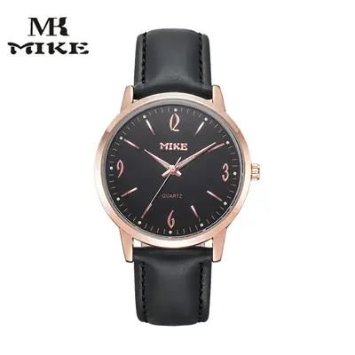 MIKE Rose Gold Quartz Women's Watch Black Leather Belt