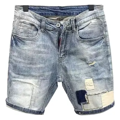 Men Vintage Washed Hole Denim Shorts Slim Fit