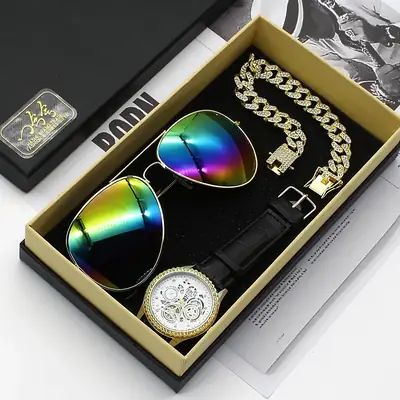 Men's 5-Piece Gold Accessories Set with Rainbow Sunglasses & Watch