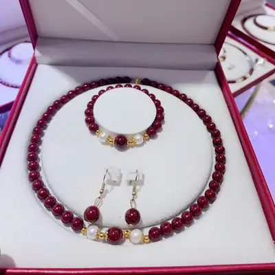 Cinnabar Heart Bracelet Set Red Gold Pearl Mother's Day Gift